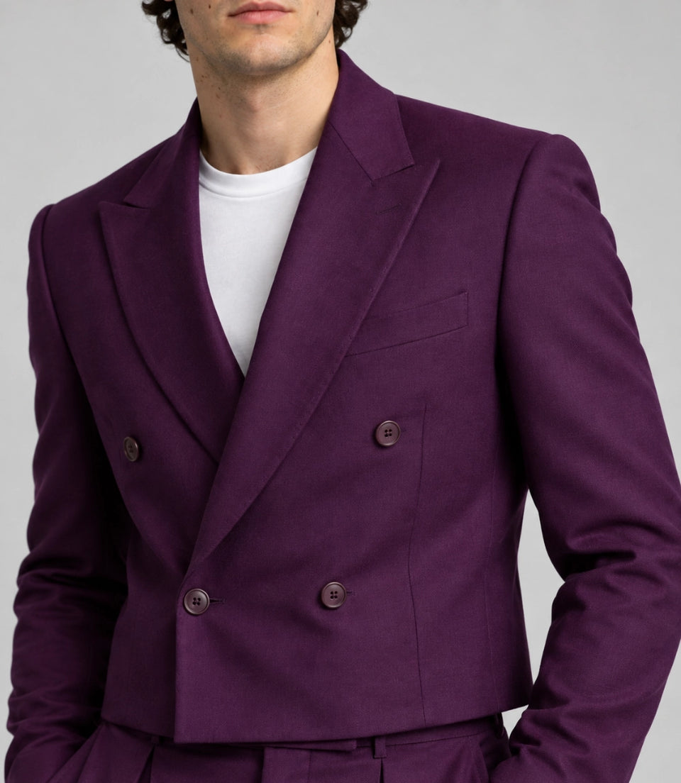 Men's Purple Double Breasted Cropped Suit Closeup -  Suit Heritage