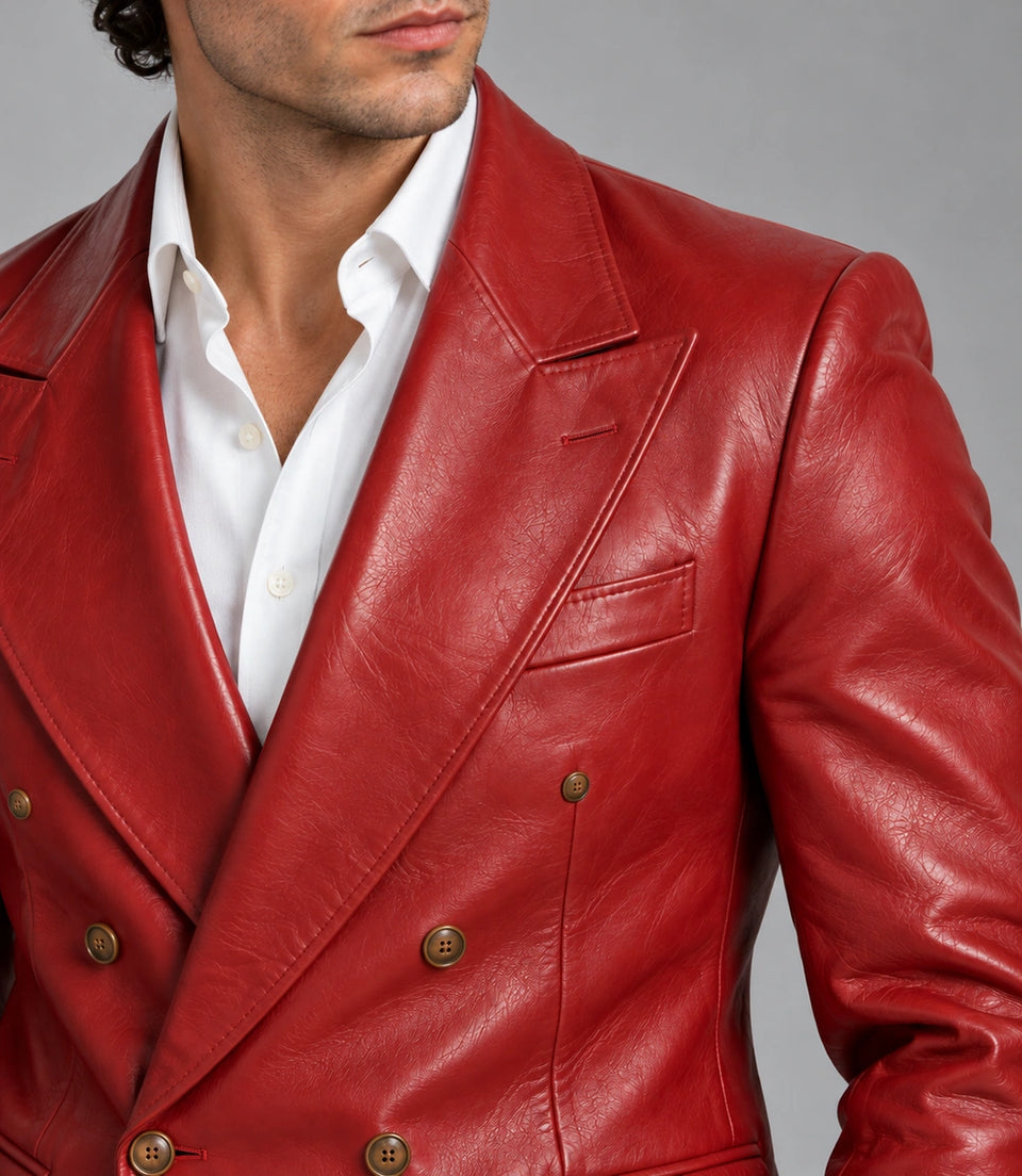 Men's Red Double Breasted Leather Party Suit Closeup  -  Suit Heritage