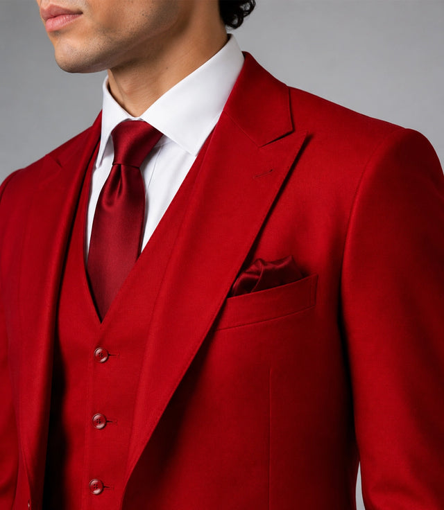 Men's Red Formal Wedding 3 Piece Suit Closeup - Suit Heritage