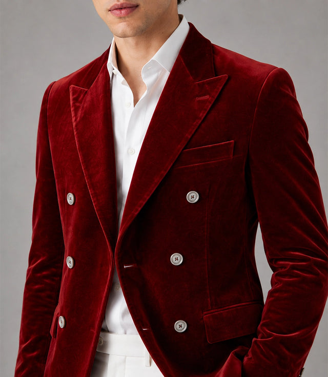 Men's Red Velvet Double Breasted Suit Closeup - Suit Heritage