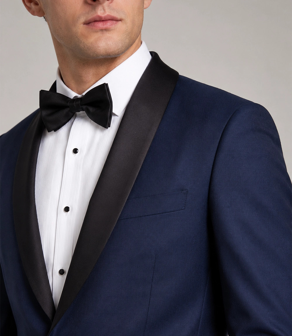 Men's Regular Fit Navy Shawl Lapel Tuxedo Closeup - Suit Heritage