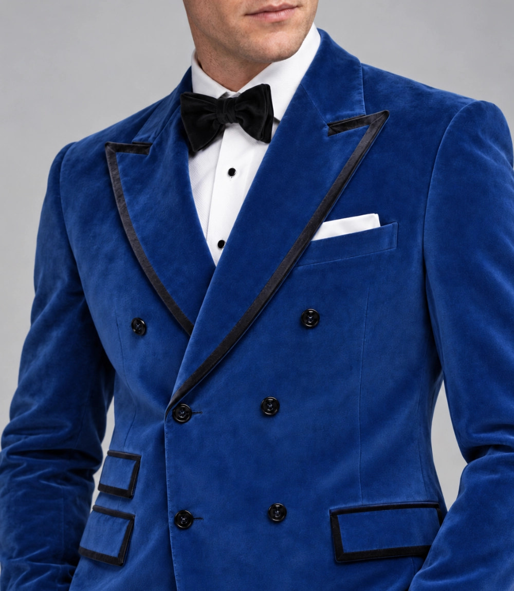 Men’s Royal Blue Velvet Double Breasted Tuxedo Closeup  -  Suit Heritage