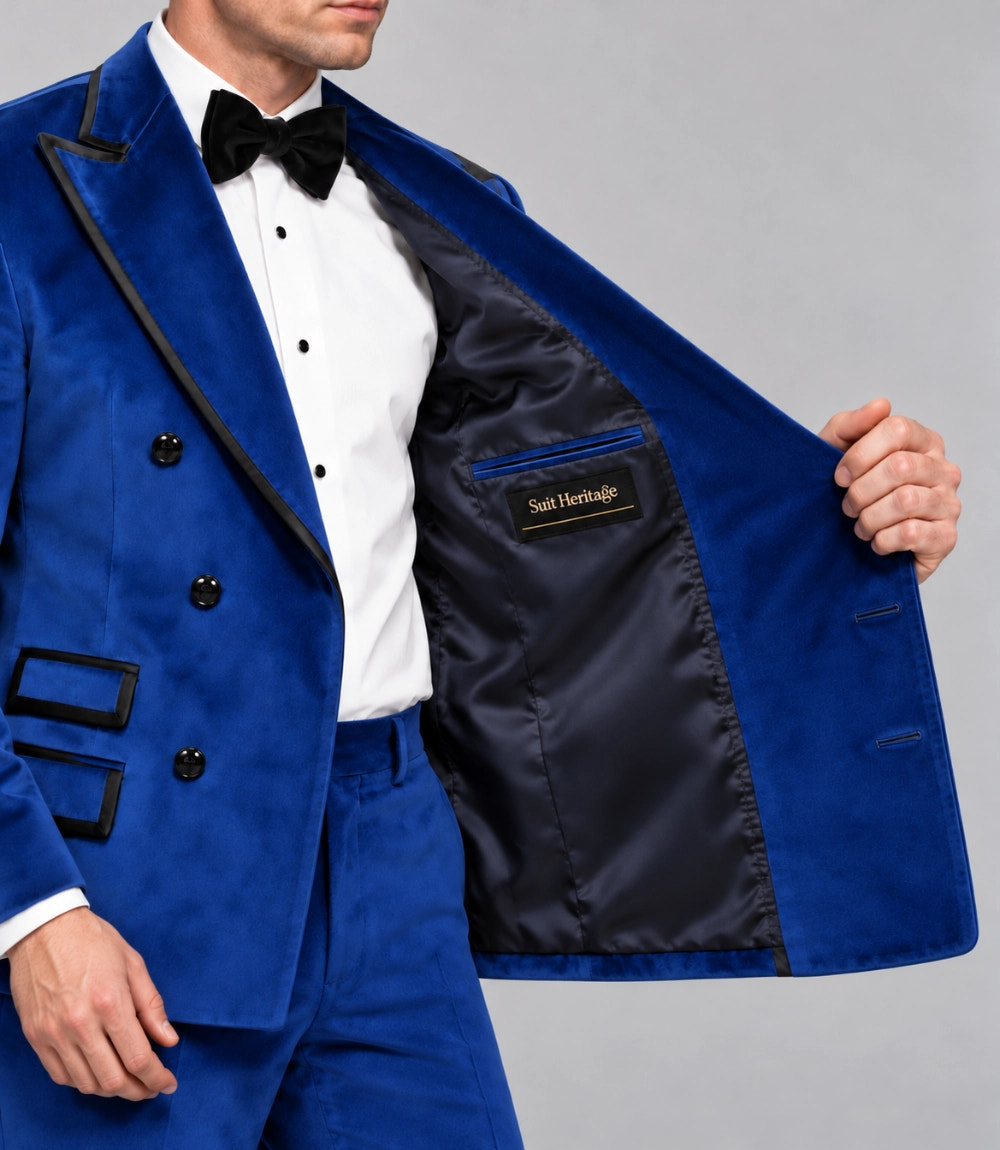 Men’s Royal Blue Velvet Double Breasted Tuxedo Inner  -  Suit Heritage