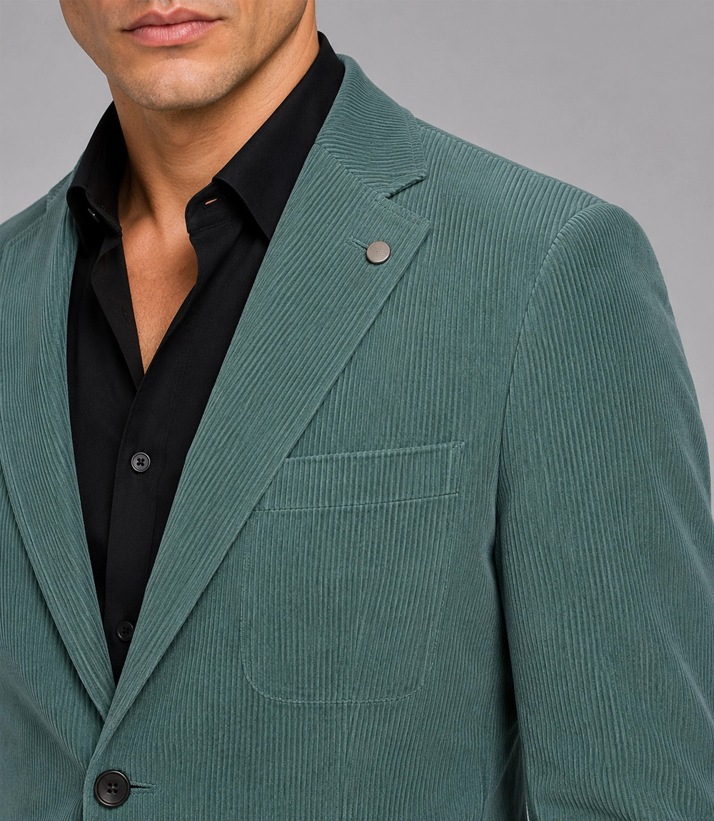Men's Sea Green Corduroy 2 Piece Suit Closeup - Suit Heritage