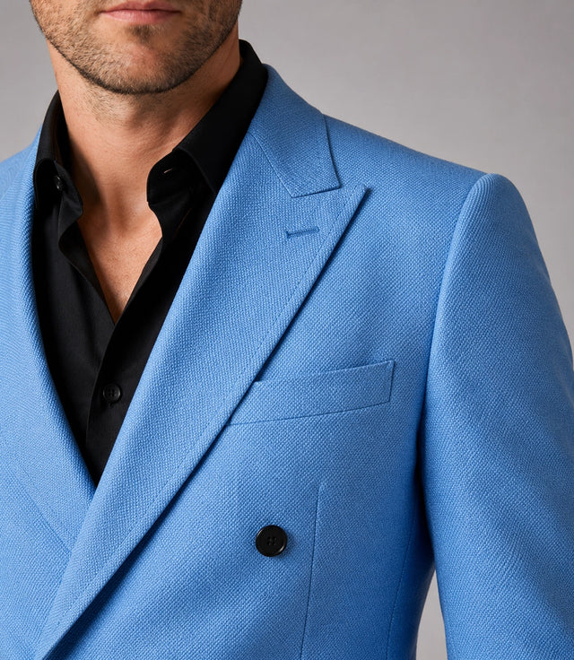 Men's Sky Blue Double Breasted Suit Closeup - Suit Heritage