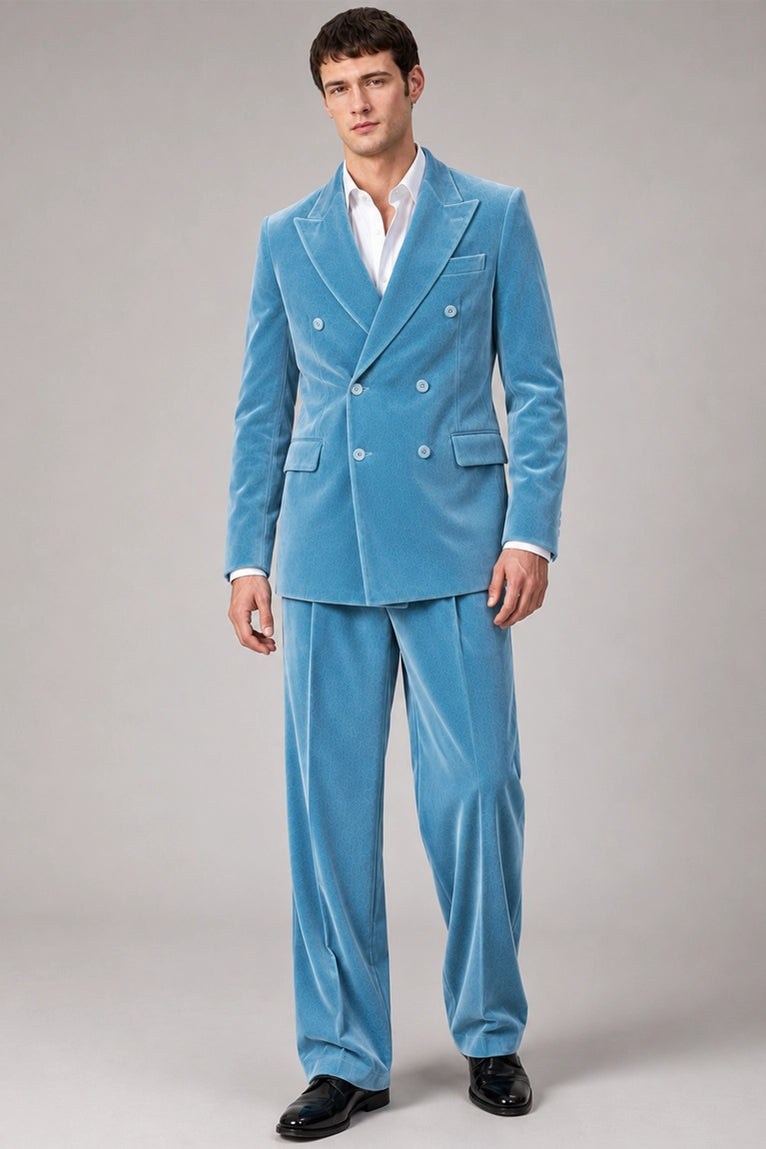 Men's Sky Blue Velvet Double Breasted Suit -  Suit Heritage