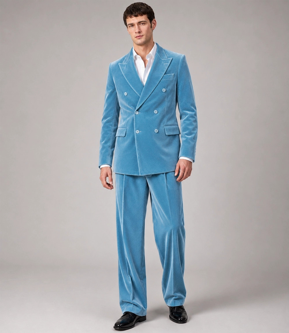 Men's Sky Blue Velvet Double Breasted Suit -  Suit Heritage