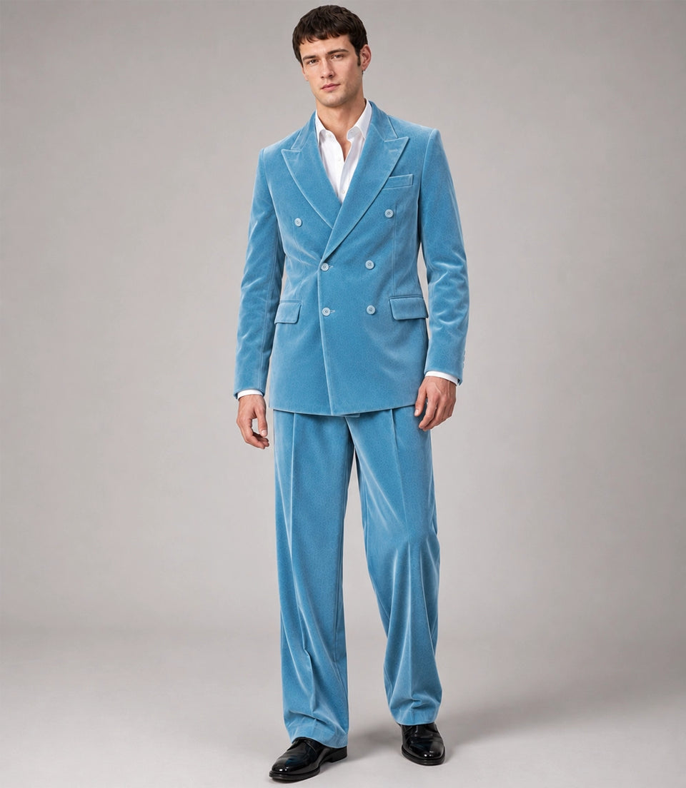 Men's Sky Blue Velvet Double Breasted Suit -  Suit Heritage