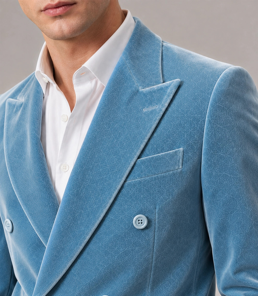 Men's Sky Blue Velvet Double Breasted Suit Coseup  -  Suit Heritage