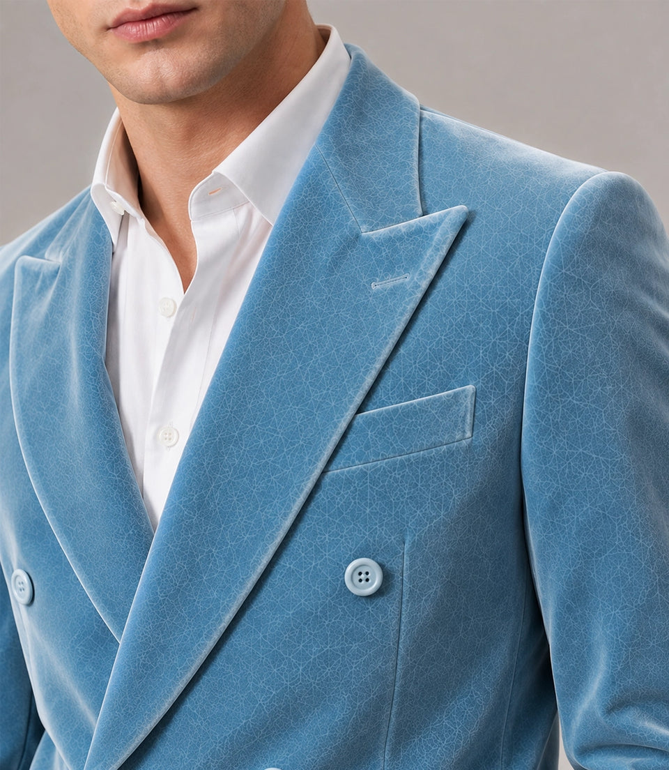 Men's Sky Blue Velvet Double Breasted Suit Coseup  -  Suit Heritage