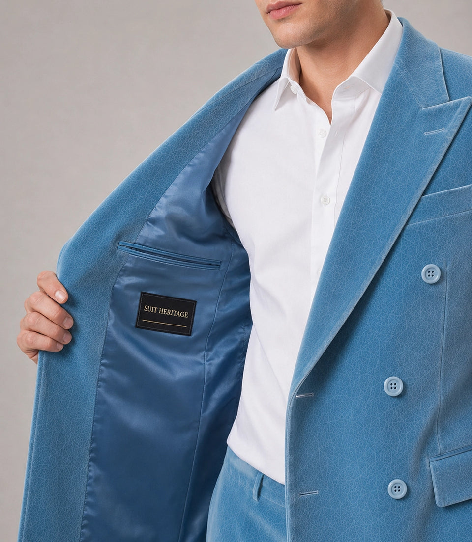 Men's Sky Blue Velvet Double Breasted Suit Inner  -  Suit Heritage