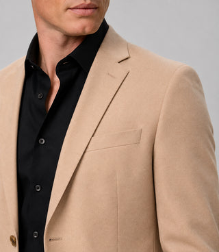 Men's Solid Beige Polyester 2 Piece Suit Closeup - Suit Heritage