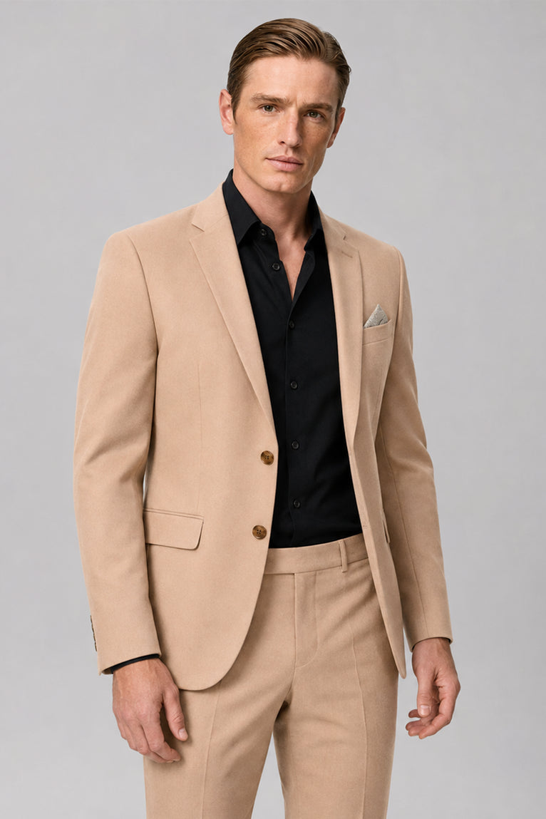 Men's Solid Beige Polyester 2 Piece Suit Front - Suit Heritage