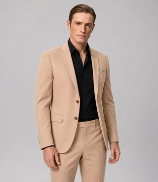 Men's Solid Beige Polyester 2 Piece Suit Front - Suit Heritage