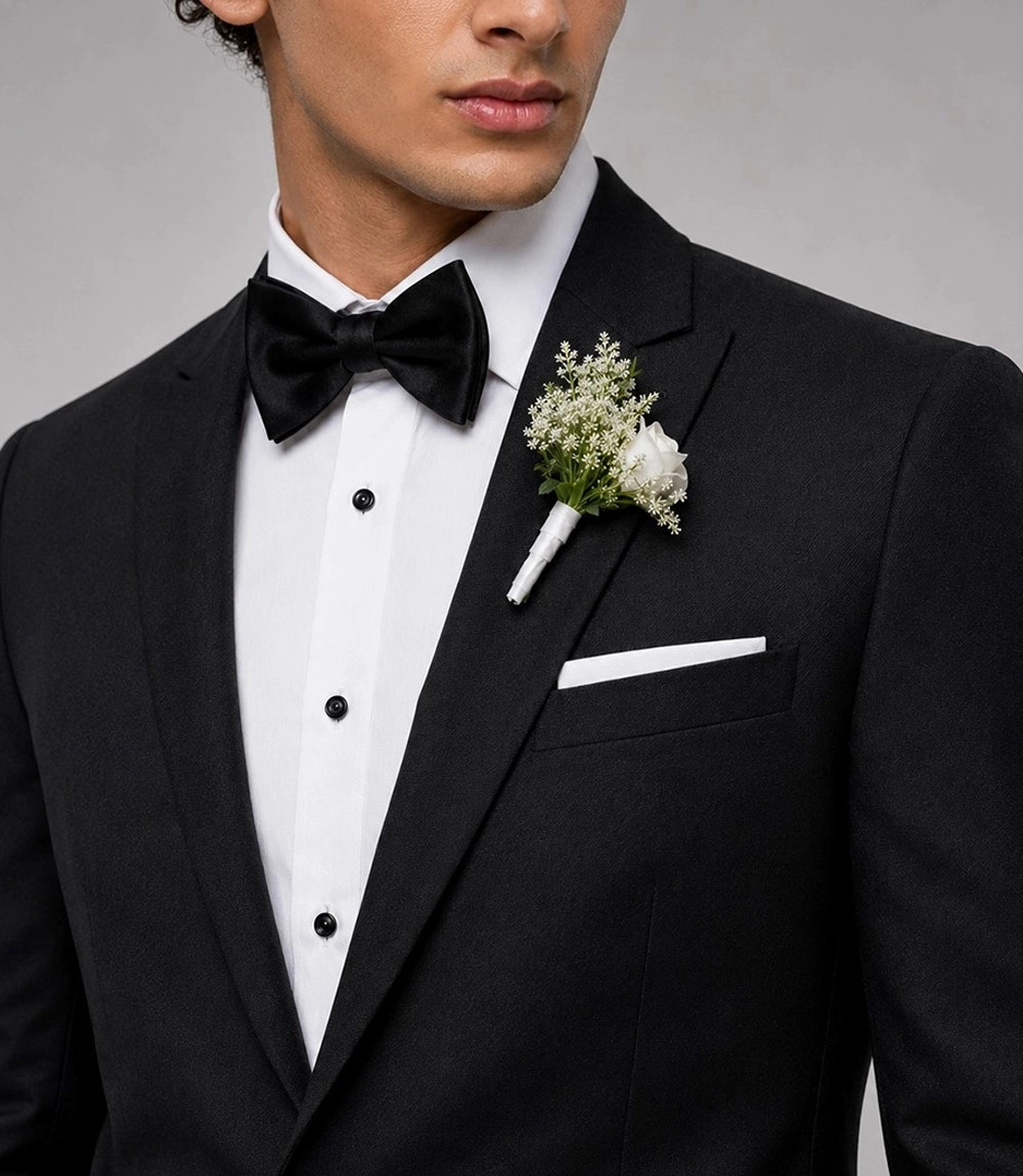 Men's Solid Black Groomsmen Suit Closeup  -  Suit Heritage