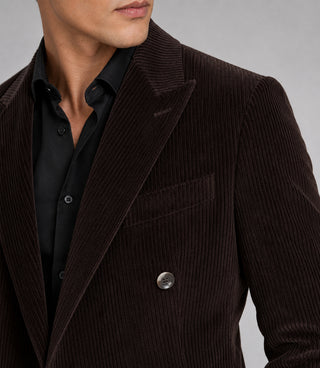 Men's Solid Dark Brown Corduroy Double Breasted Closeup - Suit Heritage
