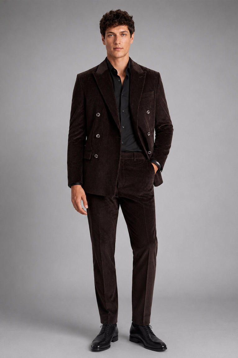 Men's Solid Dark Brown Corduroy Double Breasted Suit - Suit Heritage