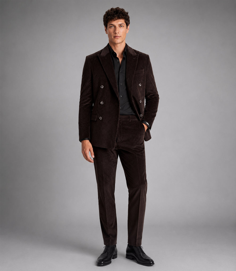 Men's Solid Dark Brown Corduroy Double Breasted Suit - Suit Heritage