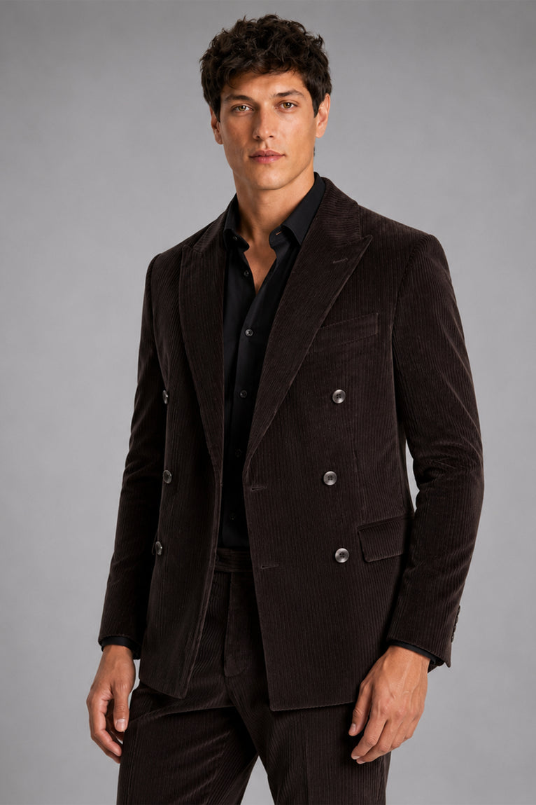  Men's Solid Dark Brown Corduroy Double Breasted Suit Front - Suit Heritage