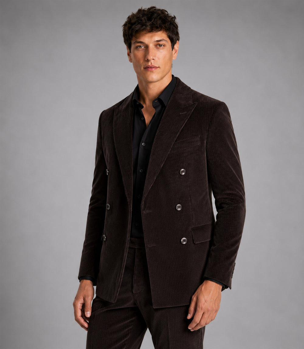 Men's Solid Dark Brown Corduroy Double Breasted Suit Front - Suit Heritage