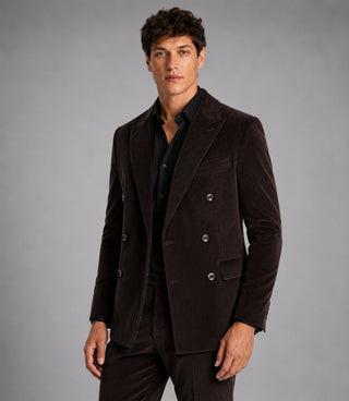  Men's Solid Dark Brown Corduroy Double Breasted Suit Front - Suit Heritage