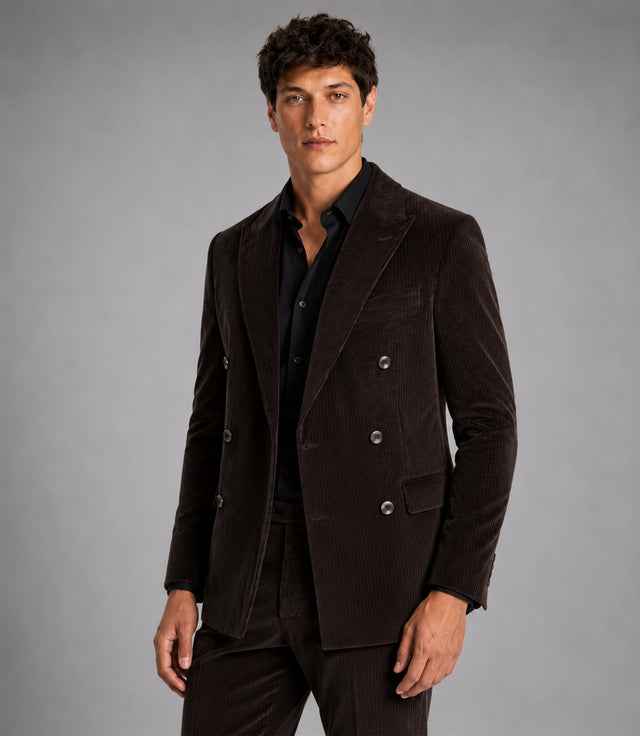 Men's Solid Dark Brown Corduroy Double Breasted Suit Front - Suit Heritage