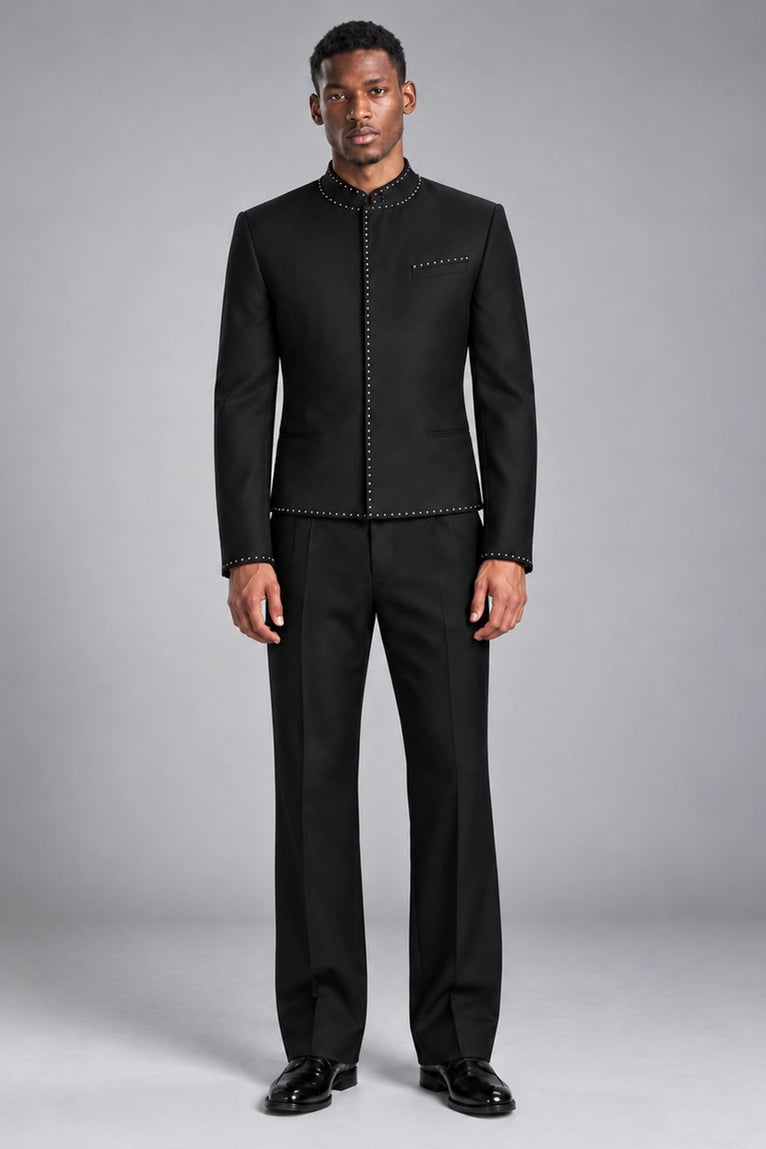 Men's Studded Black Cotton Suit - Suit Heritage