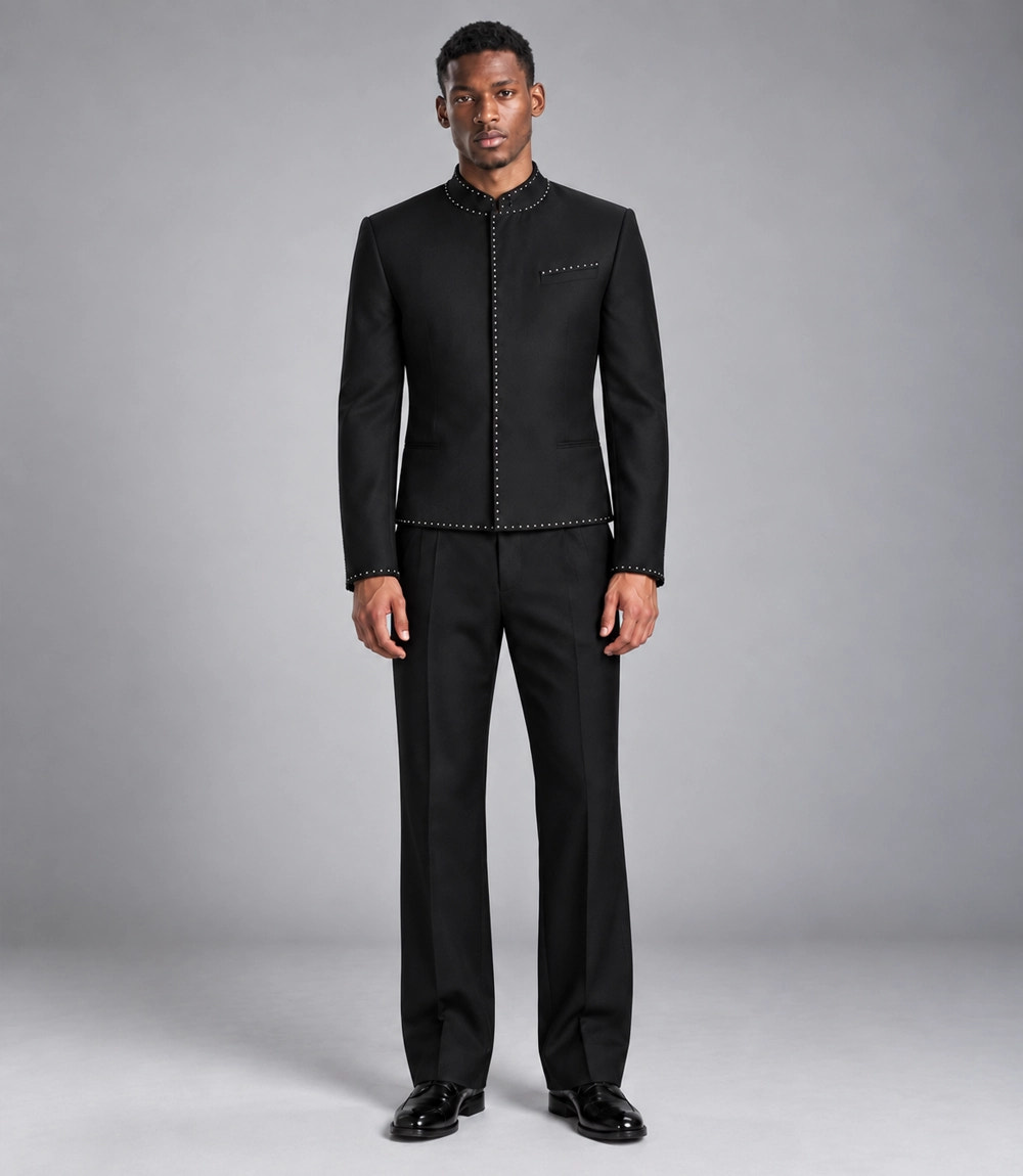 Men's Studded Black Cotton Suit - Suit Heritage