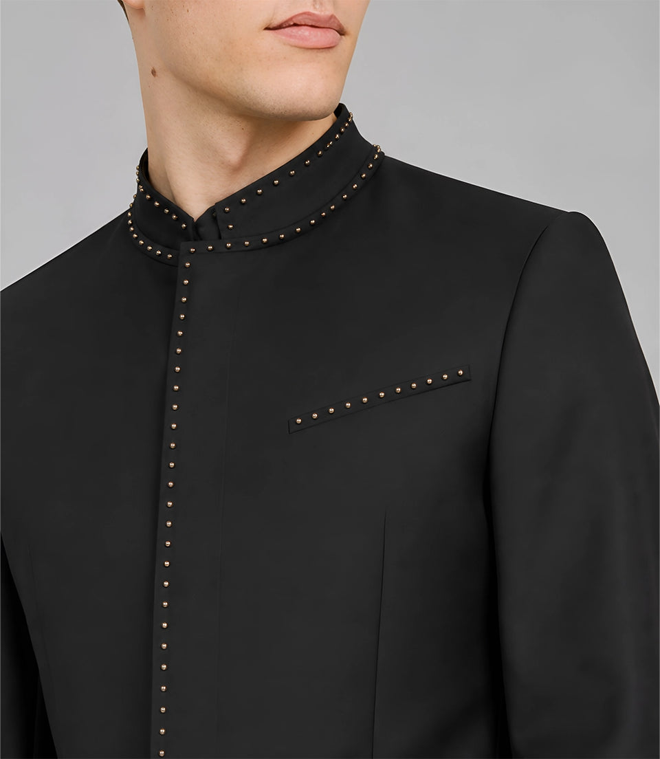 Men's Studded Black Cotton Suit Closeup