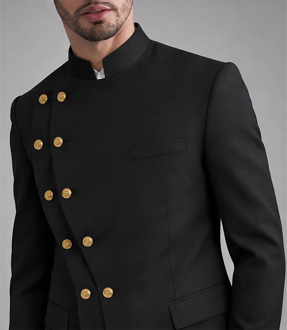 Men's Stylish Black Double Breasted 2 Piece Suit Closeup - Suit Heritage