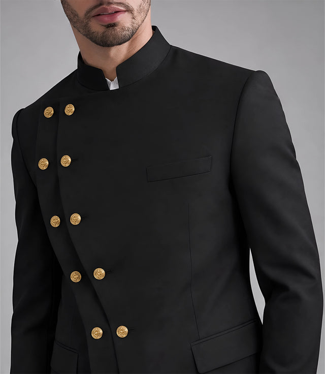 Men's Stylish Black Double Breasted 2 Piece Suit Closeup - Suit Heritage