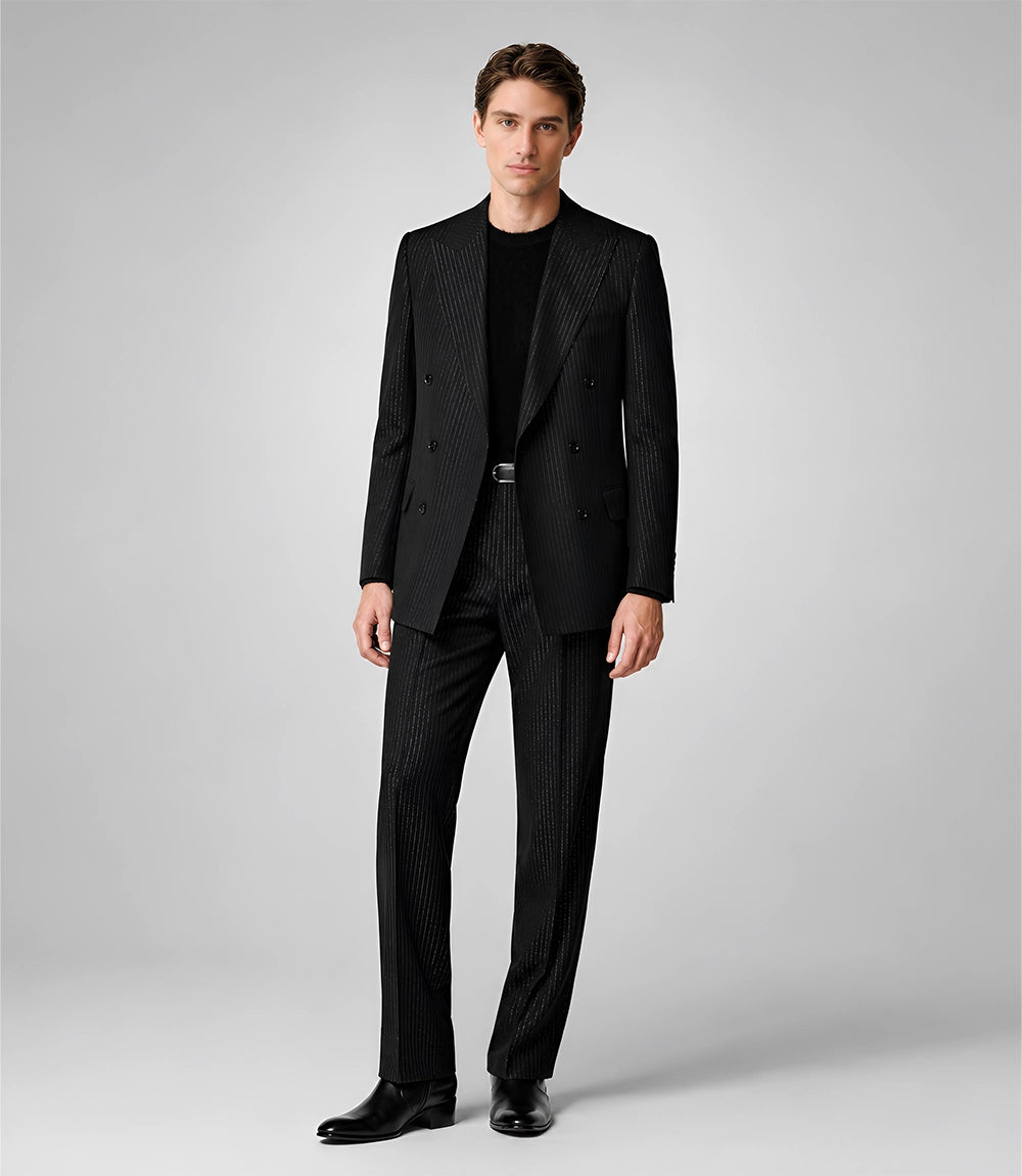 Men's Tailored Black Pinstripe Wool Blend Suit - Suit Heritage