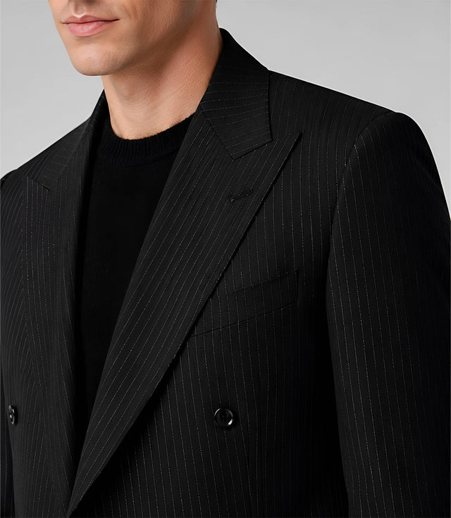 Men's Tailored Black Pinstripe Wool Blend Suit Closeup - Suit Heritage