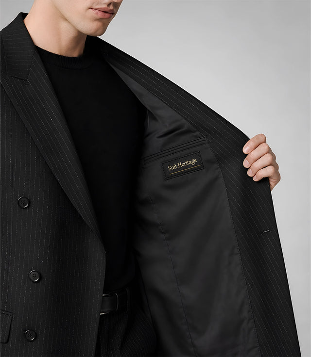 Men's Tailored Black Pinstripe Wool Blend Suit Inner - Suit Heritage