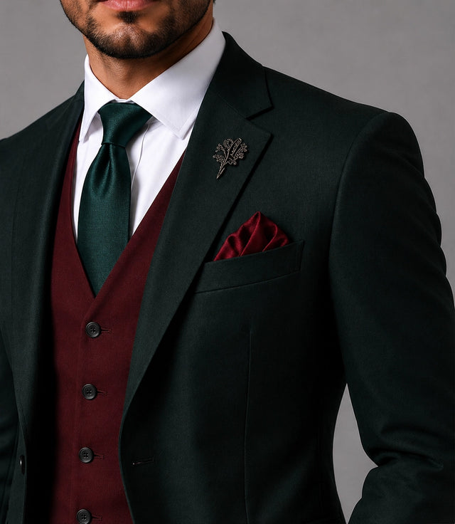 Men's Tailored Green Formal Wedding 3 Piece Suit Closeup - Suit Heritage