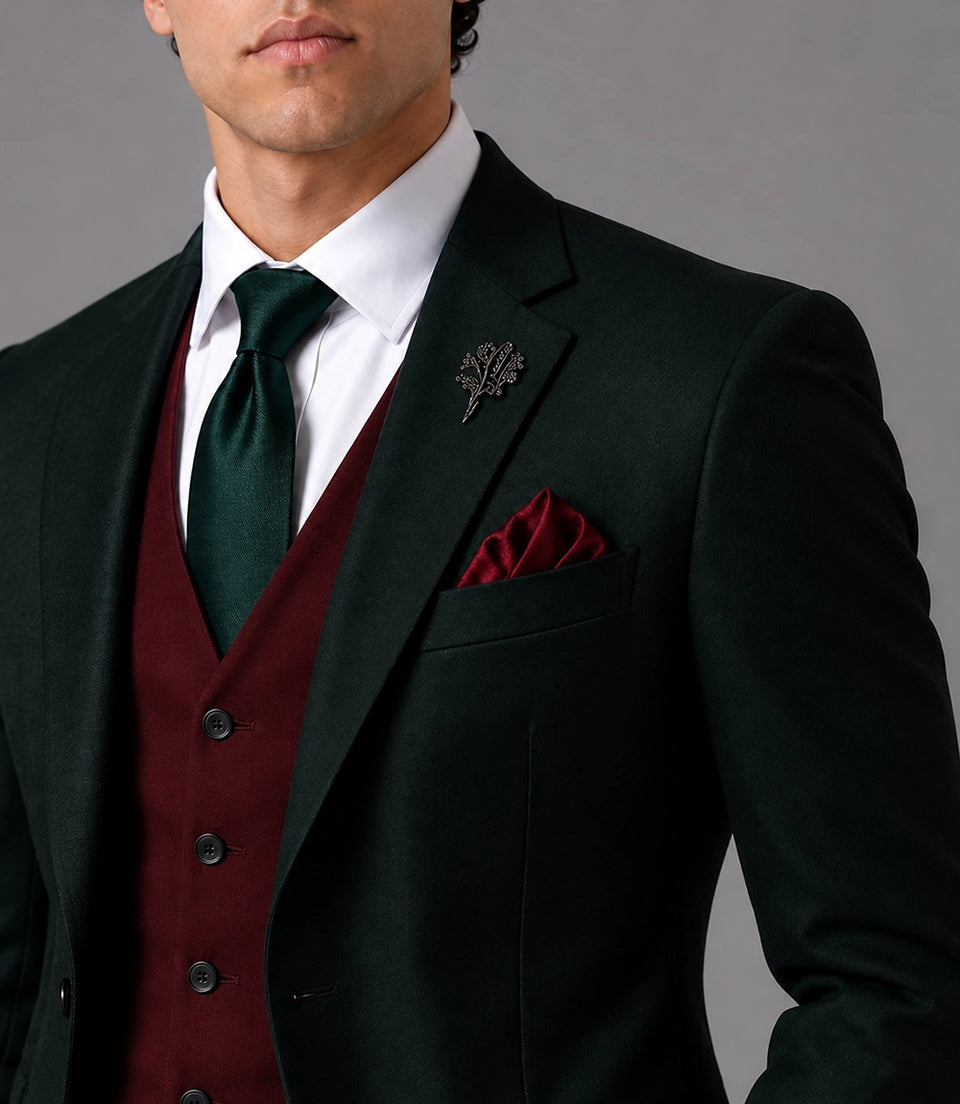 Men's Tailored Green Formal Wedding 3 Piece Suit Closeup - Suit Heritage