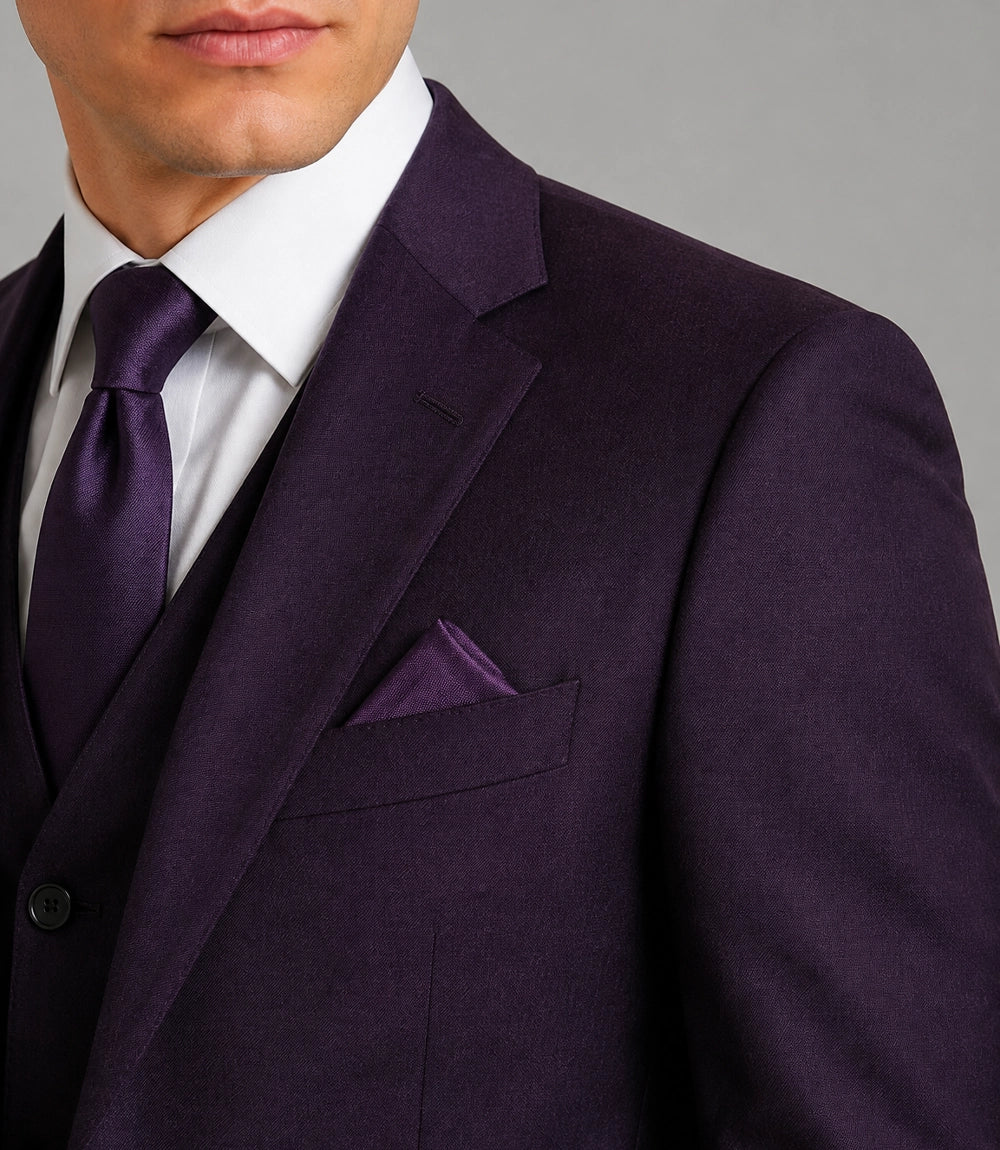 Men's Tailored Purple Wedding 3 Piece Suit Closeup - Suit Heritage