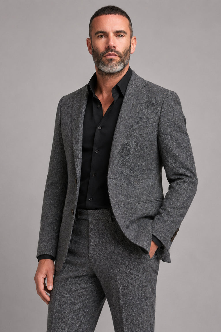Men's Tweed Donegal Dark Grey 2 Piece Suit Front - Suit Heritage