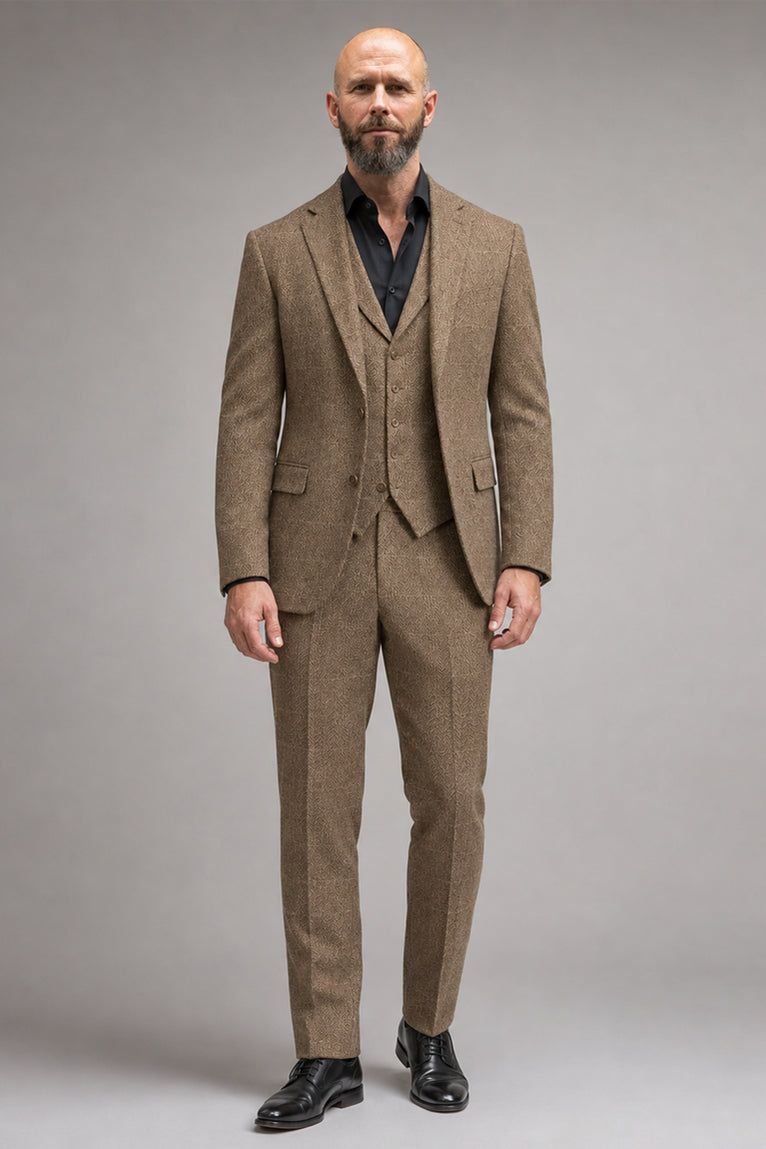 Men's Tweed Herringbone Brown 3 Piece Suit - Suit Heritage