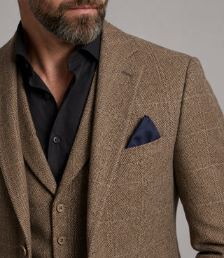 Men's Tweed Herringbone Brown 3 Piece Suit Closeup - Suit Heritage