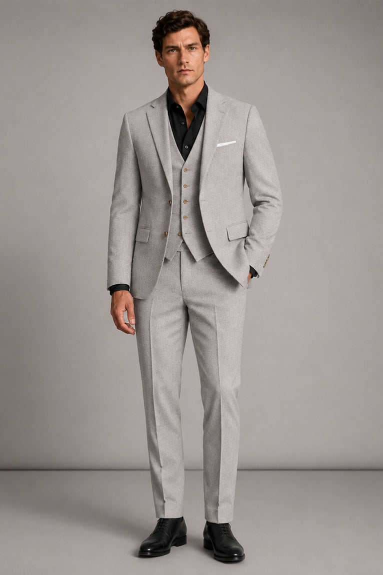Men's Tweed Solid Light Grey 3 Piece Suit - Suit Heritage