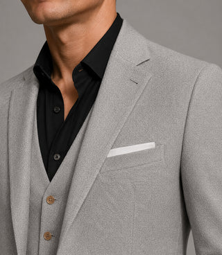 Men's Tweed Solid Light Grey 3 Piece Suit Closeup - Suit Heritage