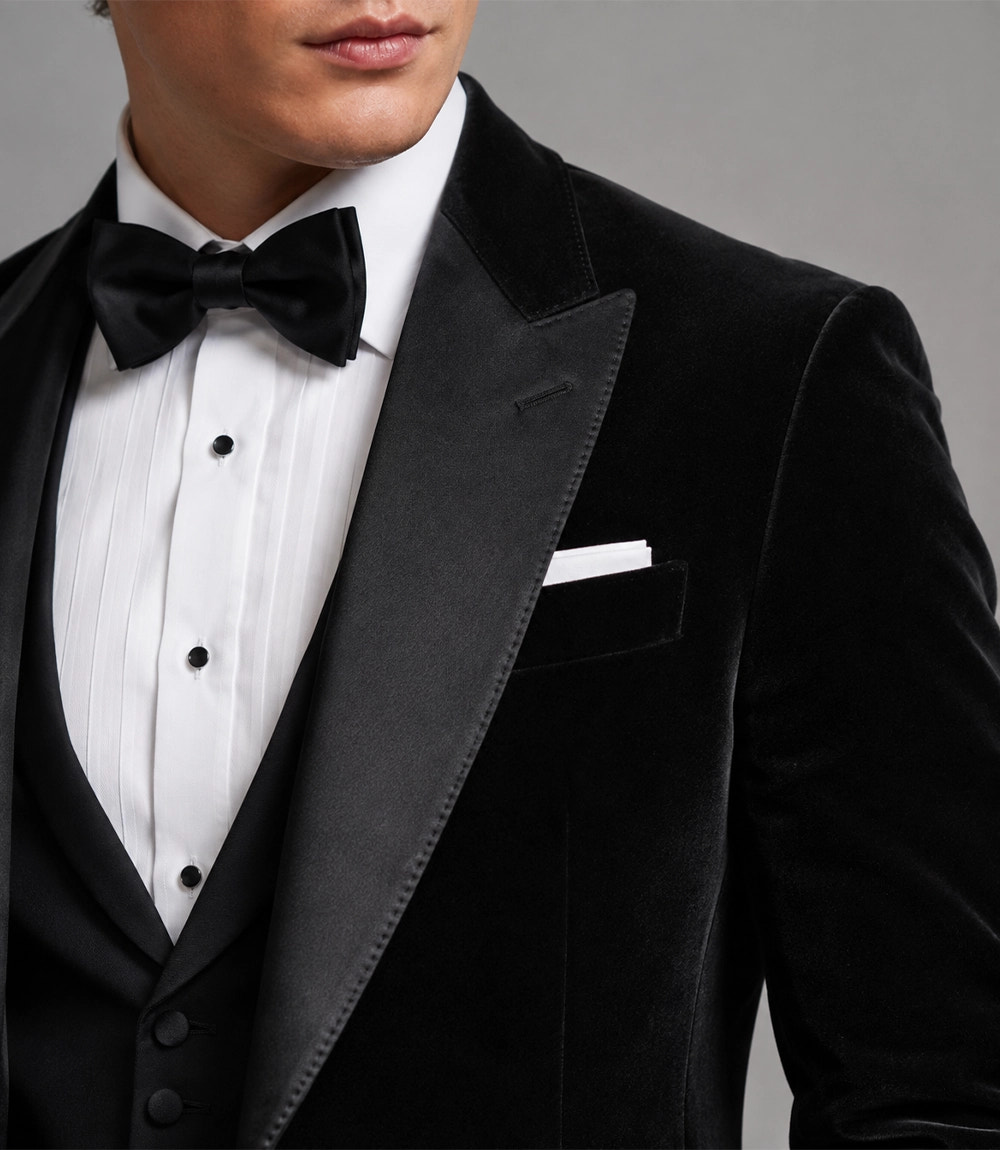 Men's Velvet Black Tie Event Tuxedo Closeup - Suit Heritage