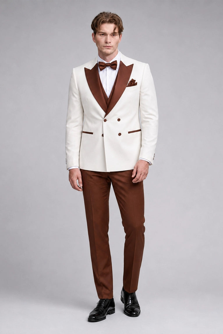 Men's White & Brown Groom Wedding Suit   -  Suit Heritage        