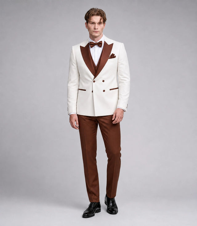 Men's White & Brown Groom Wedding Suit   -  Suit Heritage