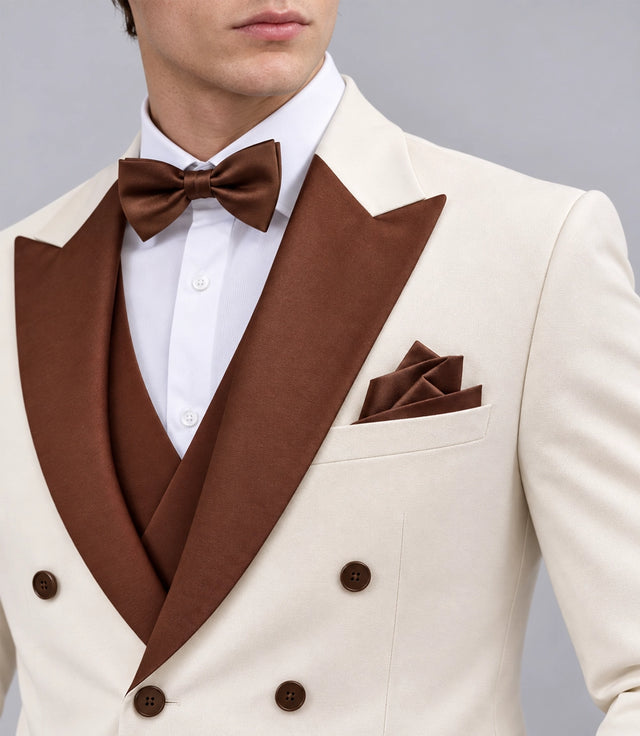 Men's White & Brown Groom Wedding Suit Closeup - Suit Heritage