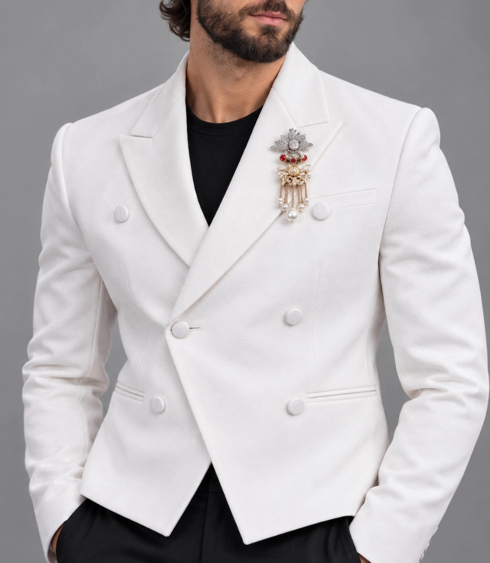 Men's White Cropped Wedding Suit Closeup -  Suit Heritage