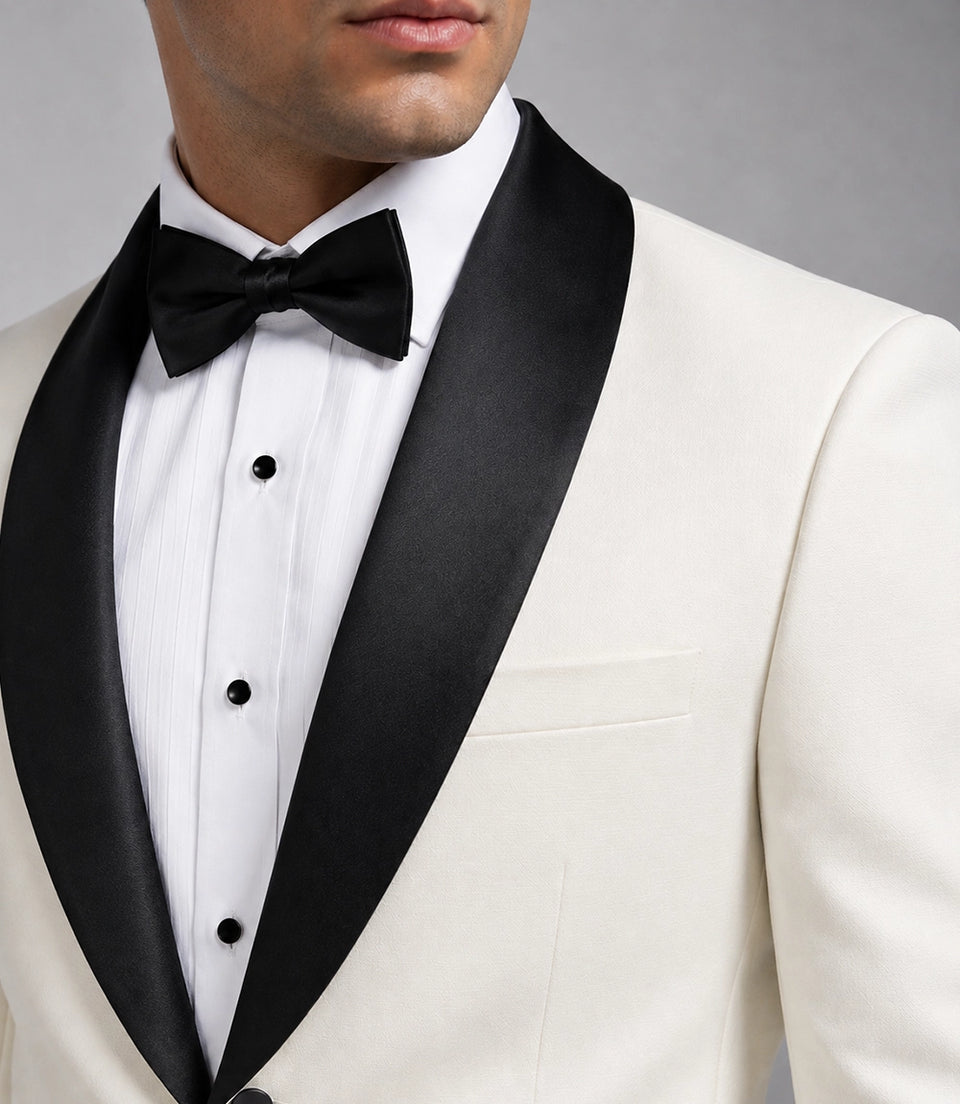 Men's White Groomsmen Tuxedo Closeup  -  Suit Heritage