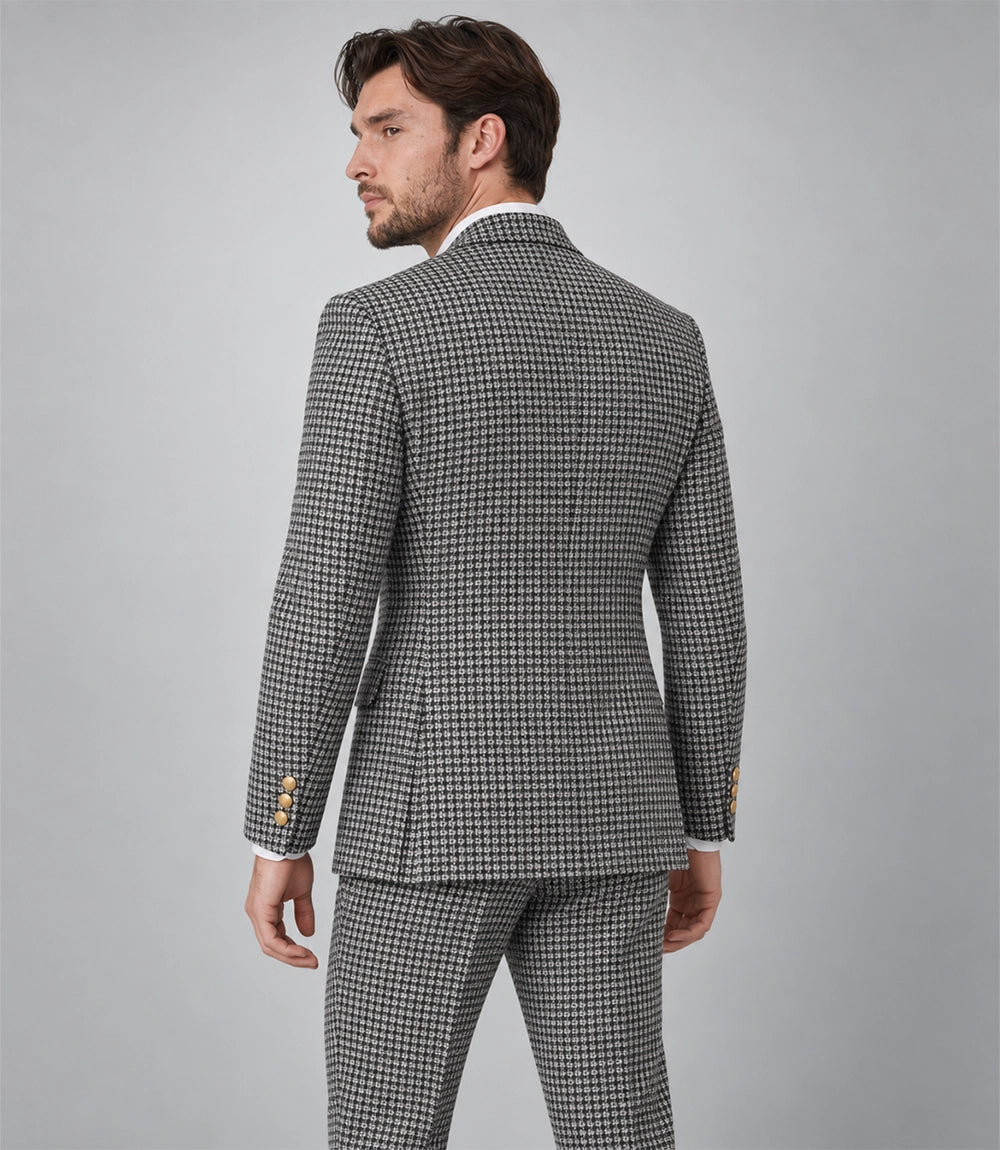 Men's White Houndstooth Double Breasted Suit Back - Suit Heritage