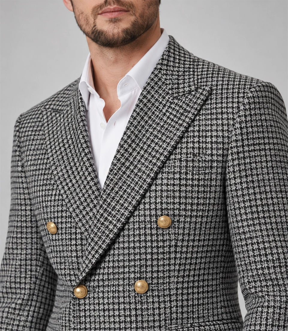 Men's White Houndstooth Double Breasted Suit Closeup - Suit Heritage